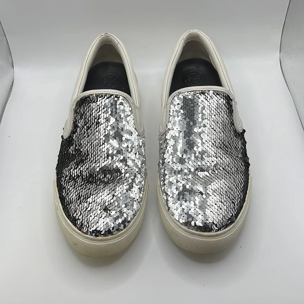 Tory Burch Carter Slip On Sneakers Loafers Shoes Sequins White Black Womens 10 - Picture 4 of 16